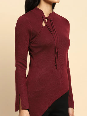 Maroon Polyester Blend Regular Fit Top For Women