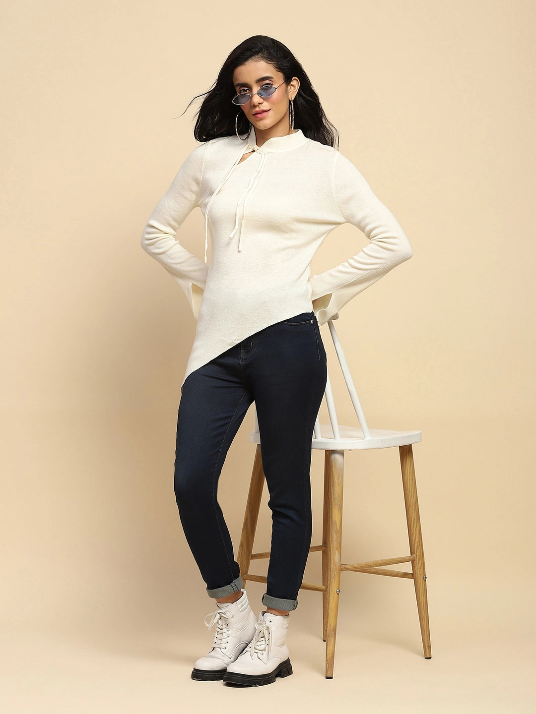 Off White Polyester Blend Regular Fit Top For Winter