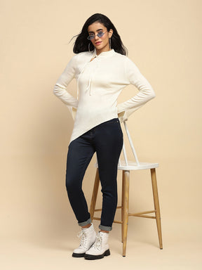 Off White Polyester Blend Regular Fit Top For Women