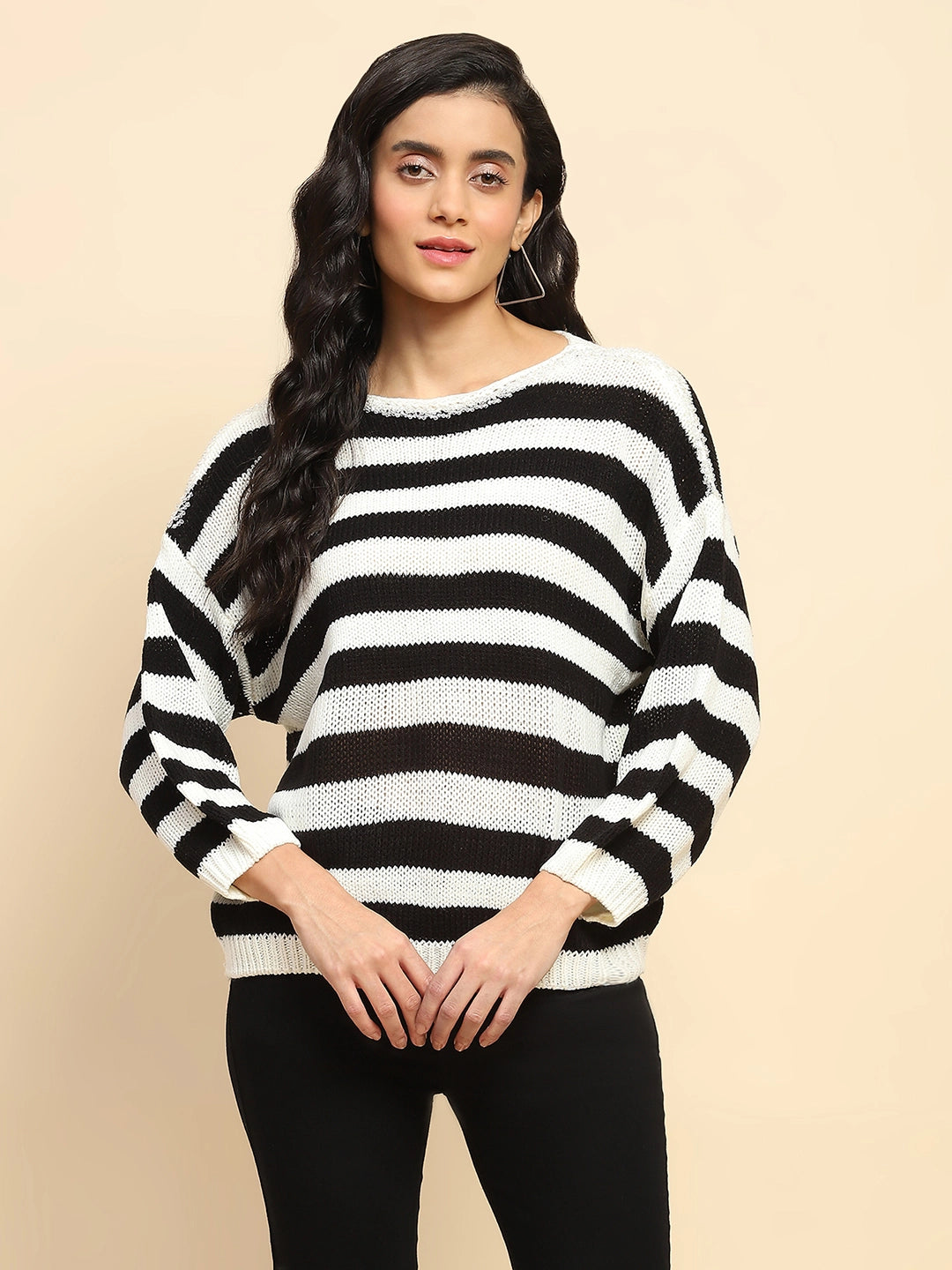 Black Acrylic Relaxed Fit Pullover For Women