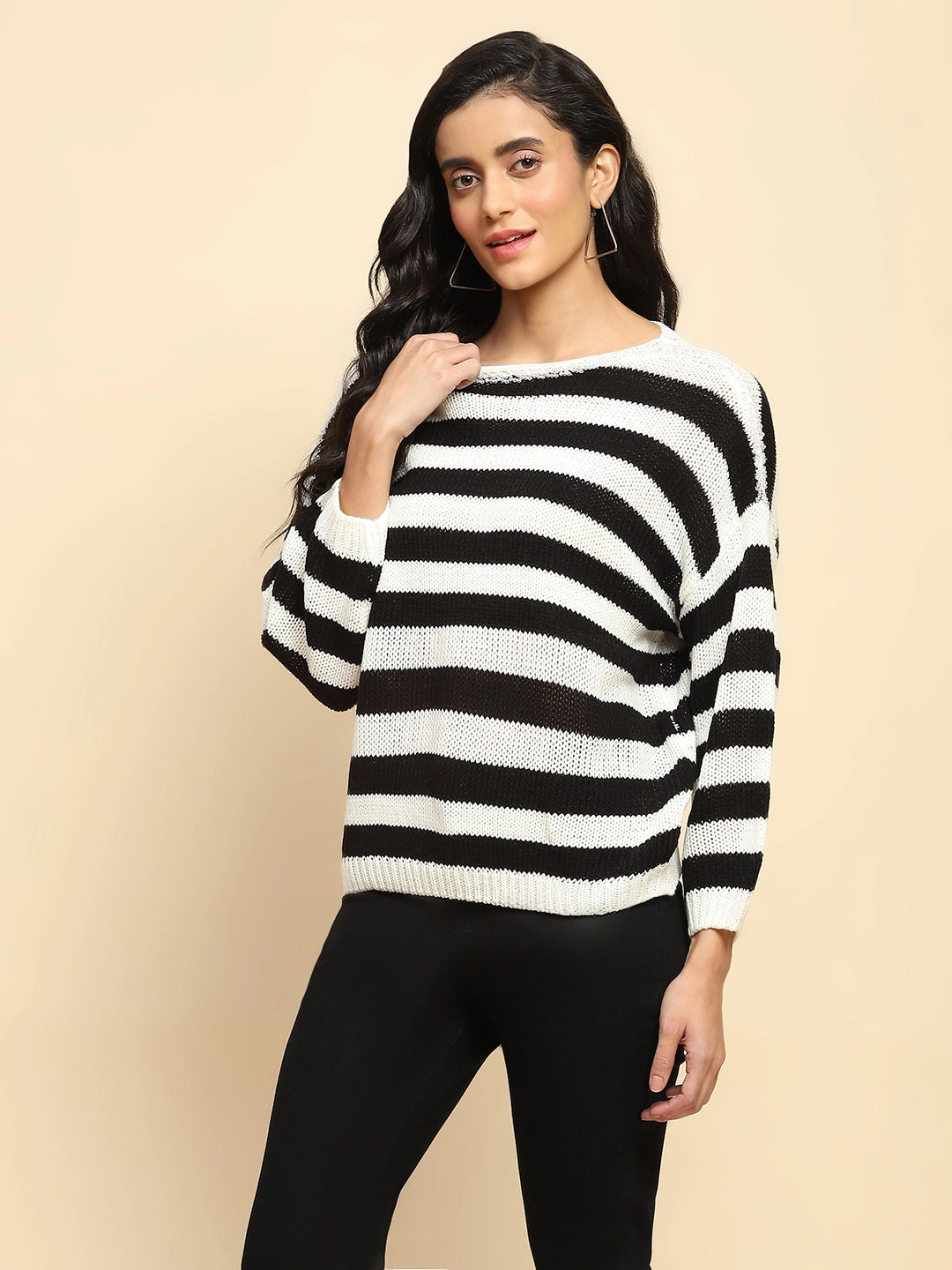 Black Acrylic Relaxed Fit Pullover For Women