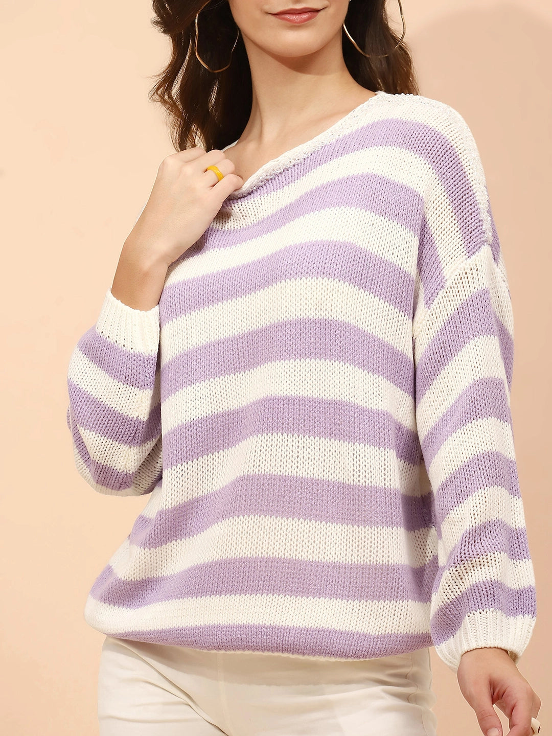 Lavender Acrylic Relaxed Fit Pullover For Women