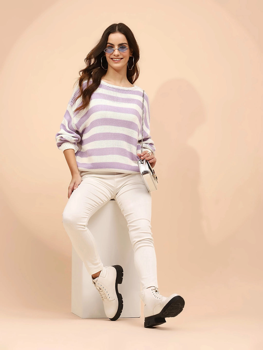 Lavender Acrylic Relaxed Fit Pullover For Women