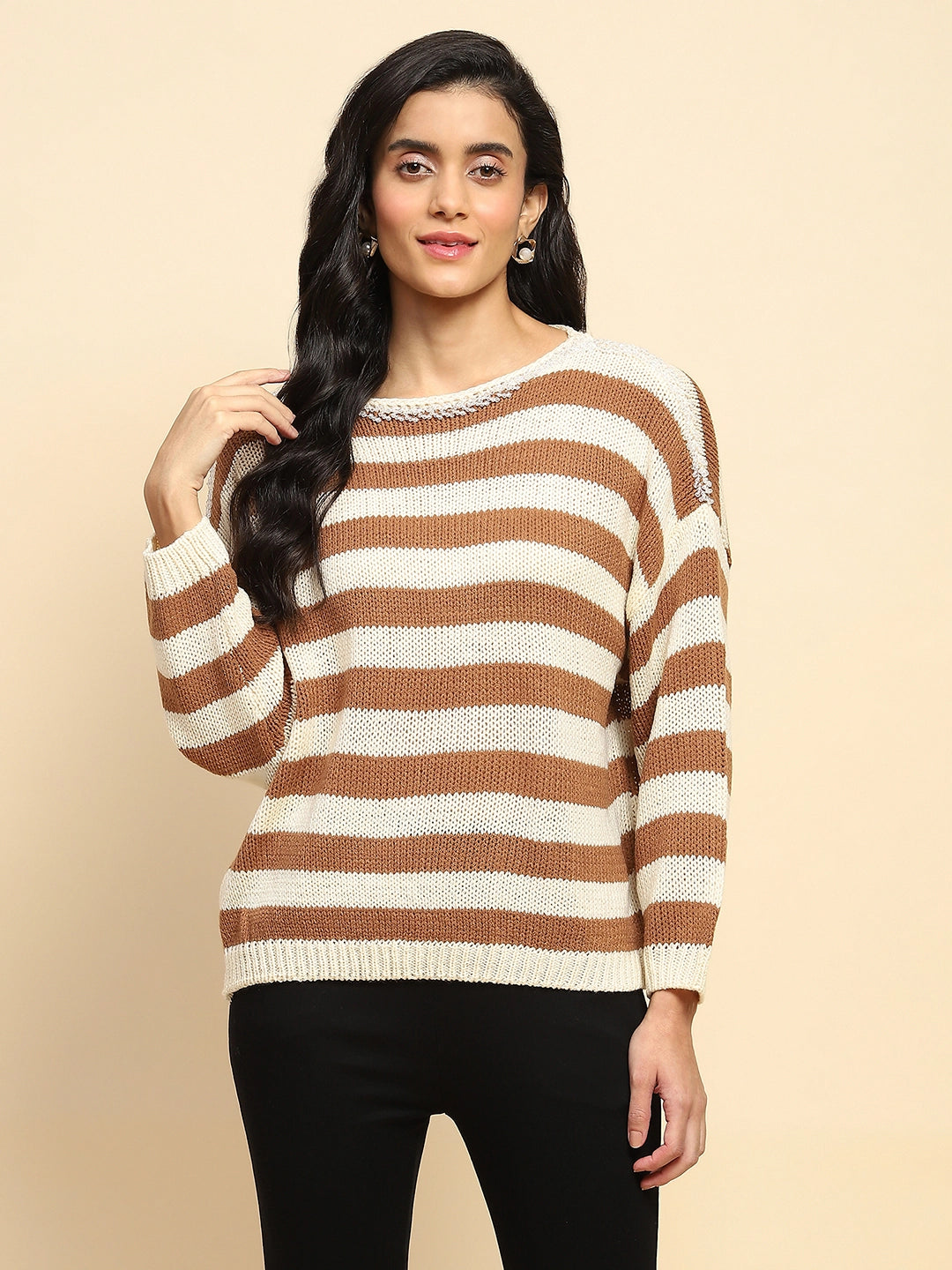 Brown Acrylic Relaxed Fit Pullover For Women