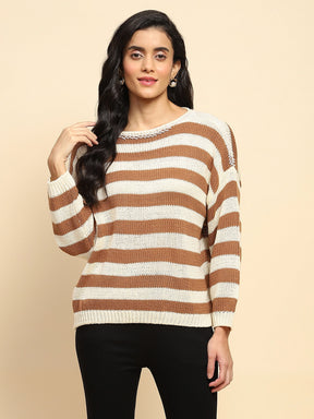 Brown Acrylic Relaxed Fit Striped Pullover For Winter