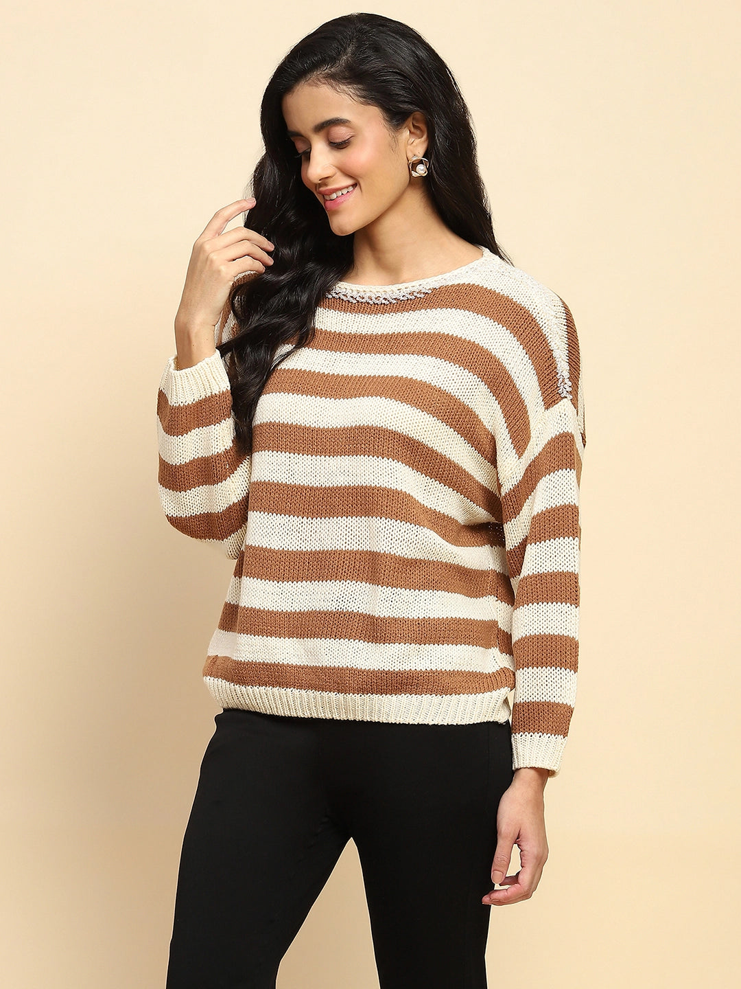 Brown Acrylic Relaxed Fit Pullover For Women