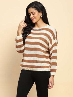 Brown Acrylic Relaxed Fit Striped Pullover For Winter