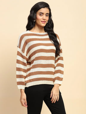 Brown Acrylic Relaxed Fit Striped Pullover For Winter