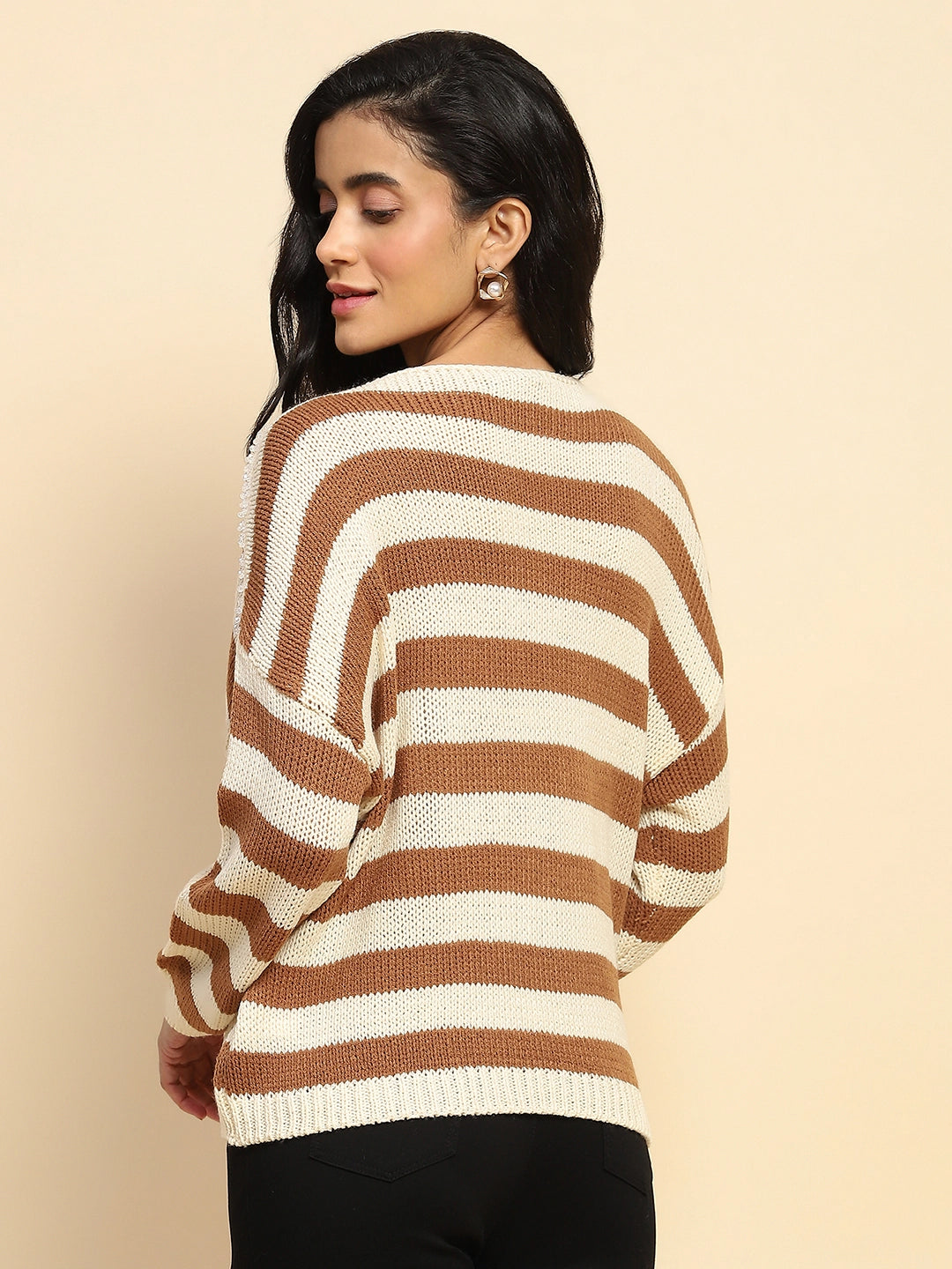 Brown Acrylic Relaxed Fit Striped Pullover For Winter