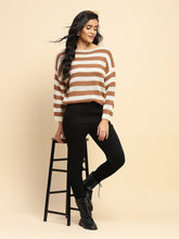 Brown Acrylic Relaxed Fit Striped Pullover For Winter