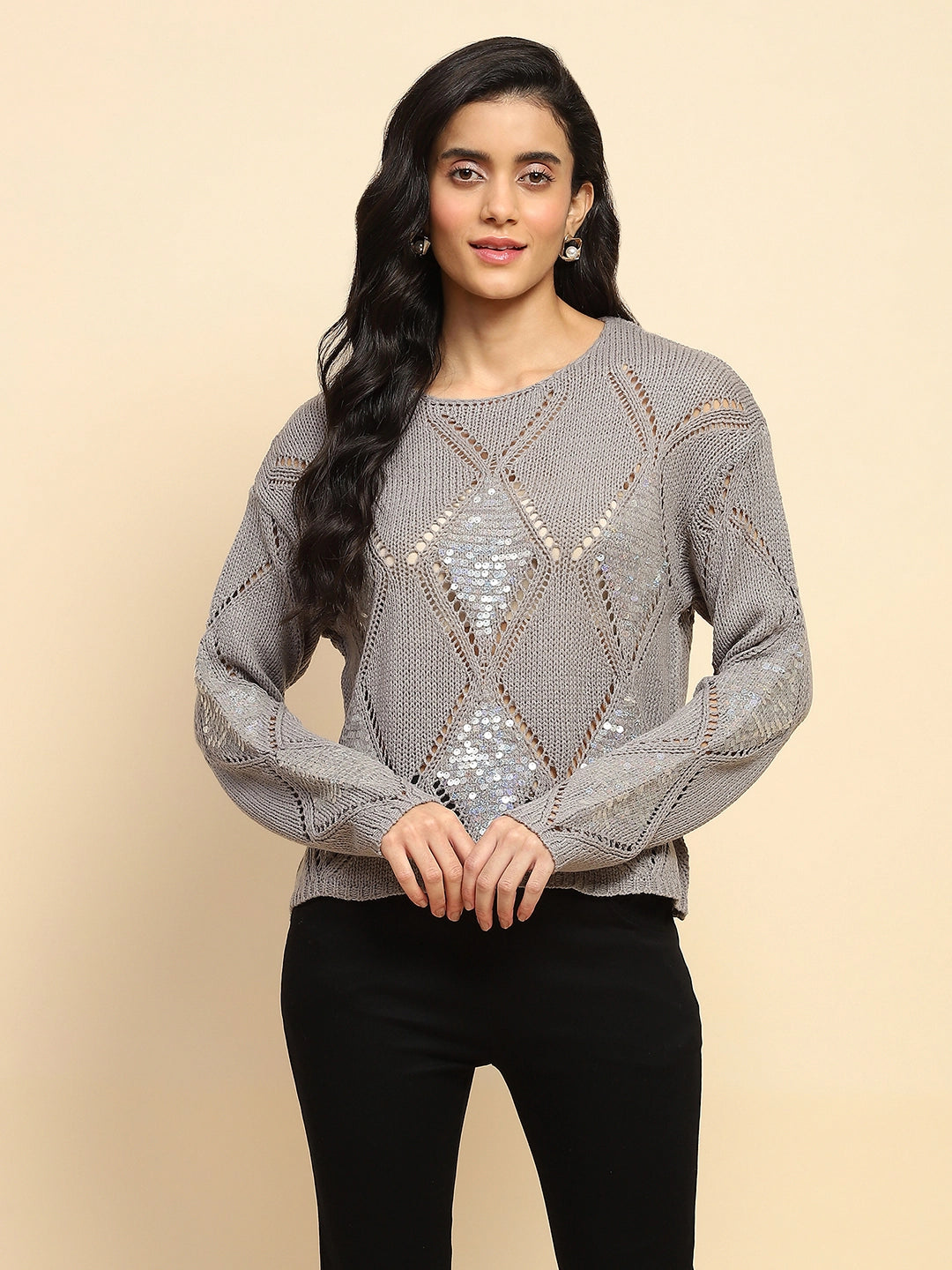 Grey Acrylic Relaxed Fit Pullover For Women