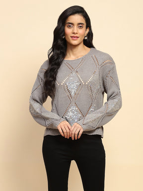 Grey Acrylic Relaxed Fit Pullover For Winter