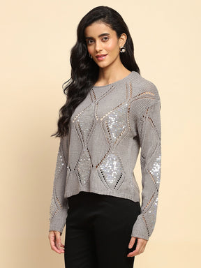 Grey Acrylic Relaxed Fit Pullover For Winter