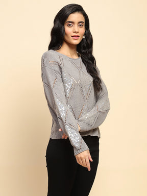 Grey Acrylic Relaxed Fit Pullover For Winter