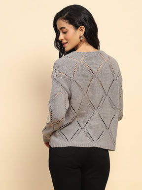 Grey Acrylic Relaxed Fit Pullover For Winter