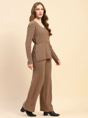 Brown Solid Acrylic Blend Co-ord Set For Winter