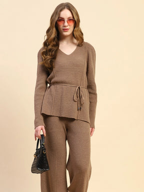 Brown Solid Acrylic Blend Co-ord Set For Winter