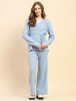 Sky Blue Solid Acrylic Blend Co-ord Set For Winter