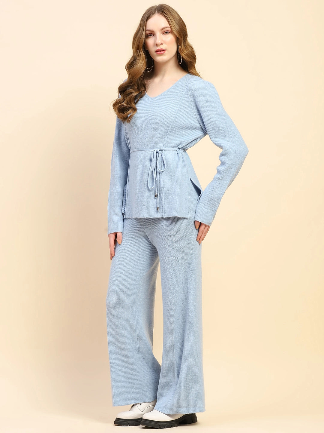 Sky Blue Solid Acrylic Blend Co-ord Set For Winter