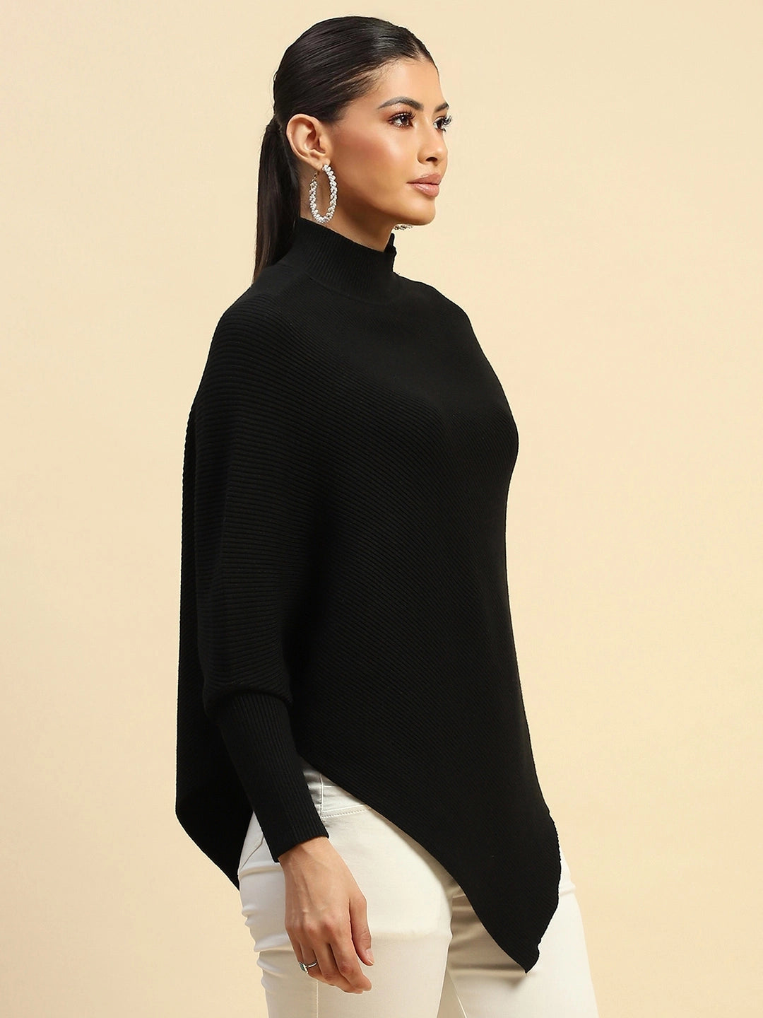 Black poly Viscose Slim Fit Pullover For Women