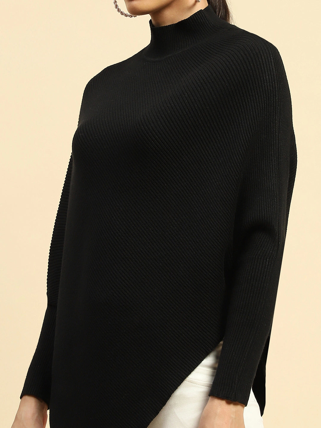 Black poly Viscose Slim Fit Pullover For Women