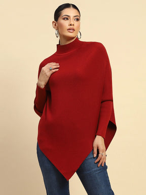 Maroon Poly Viscose Slim Fit Pullover For Women