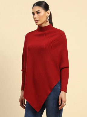 Maroon Poly Viscose Slim Fit Pullover For Women