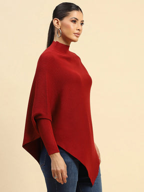 Maroon Poly Viscose Slim Fit Pullover For Women