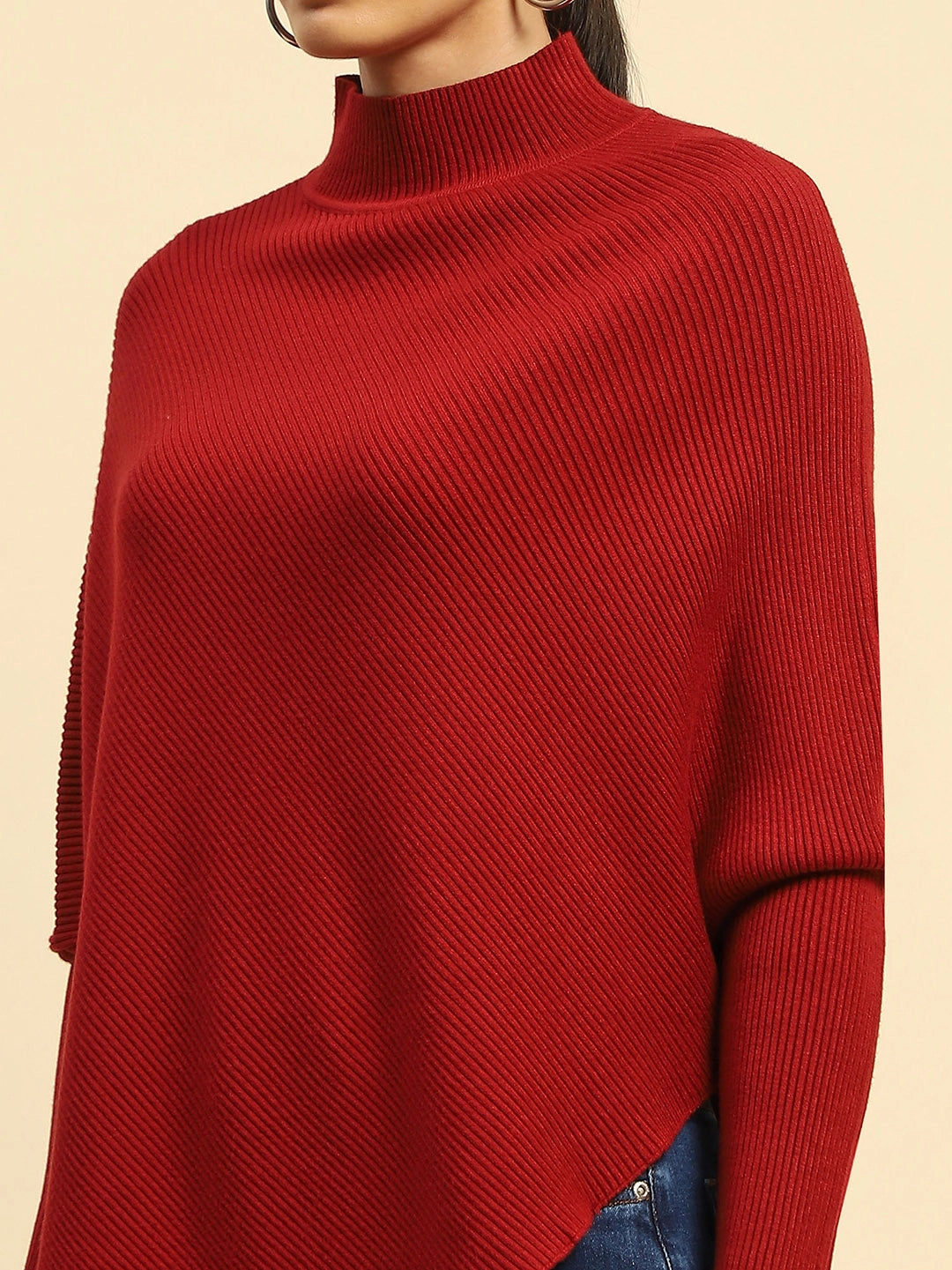 Maroon Poly Viscose Slim Fit Pullover For Women