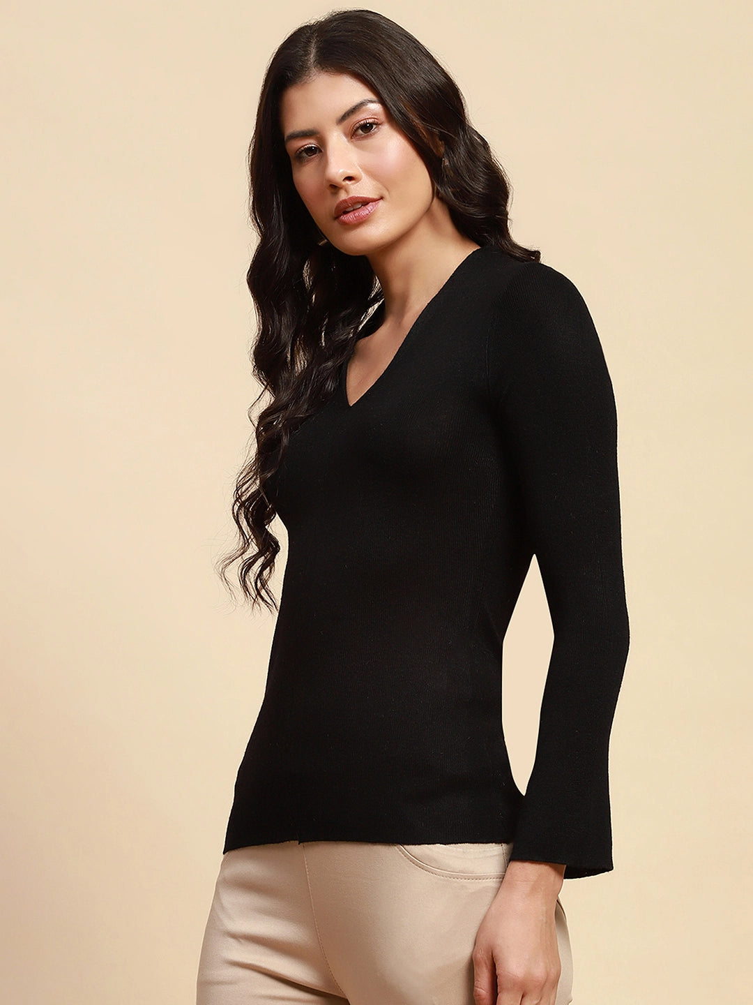 Black Poly Blend Slim Fit Top For Winter