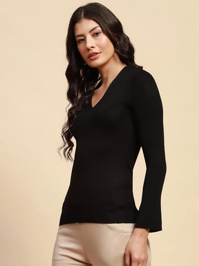 Black Poly Blend Slim Fit Top For Winter