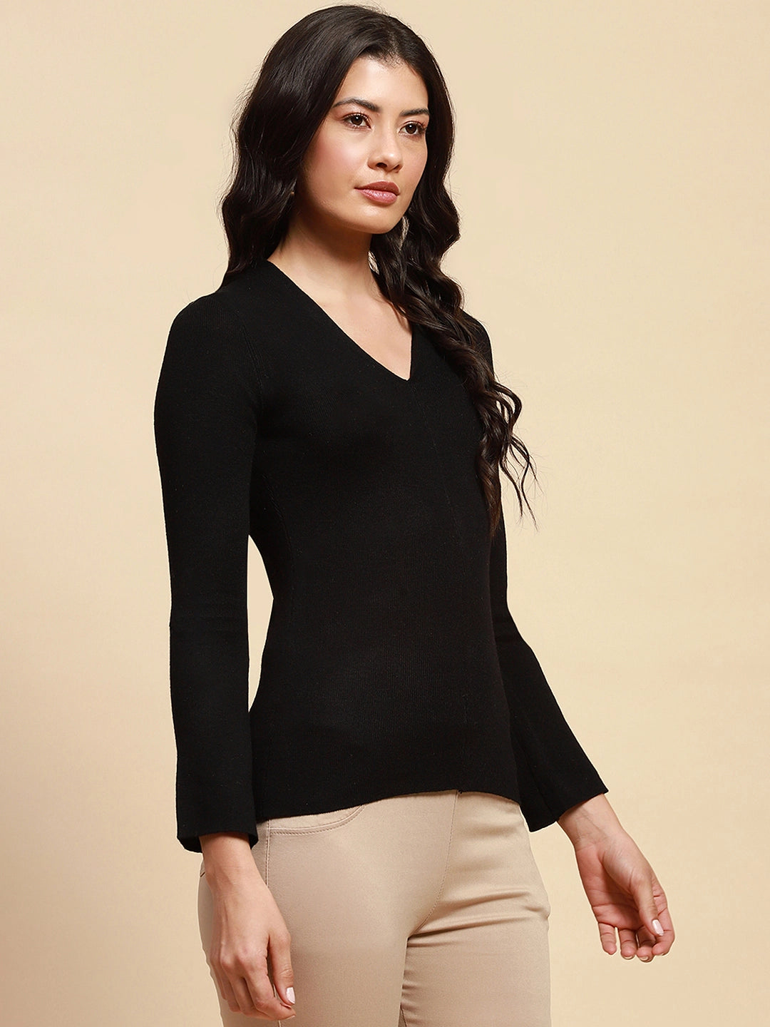 Black Poly Blend Slim Fit Top For Winter