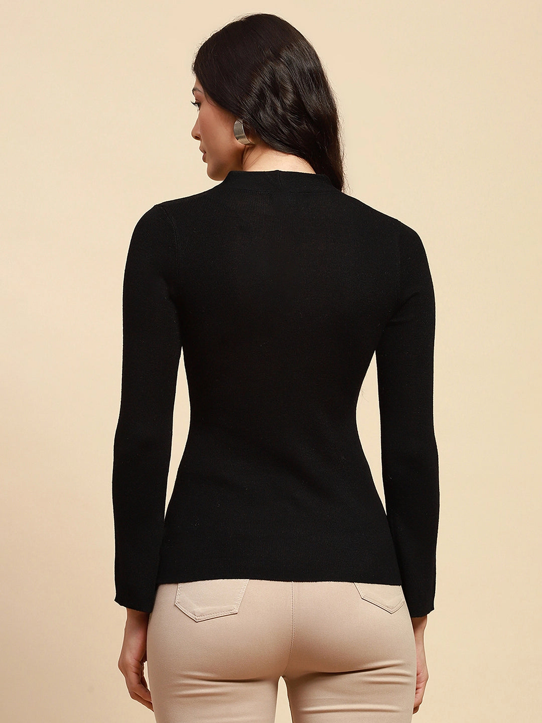 Black Poly Blend Slim Fit Top For Winter