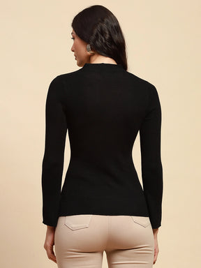 Black Poly Blend Slim Fit Top For Winter