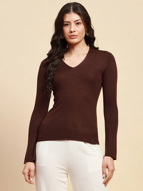 Dark Brown Poly Blend Slim Fit Top For Women