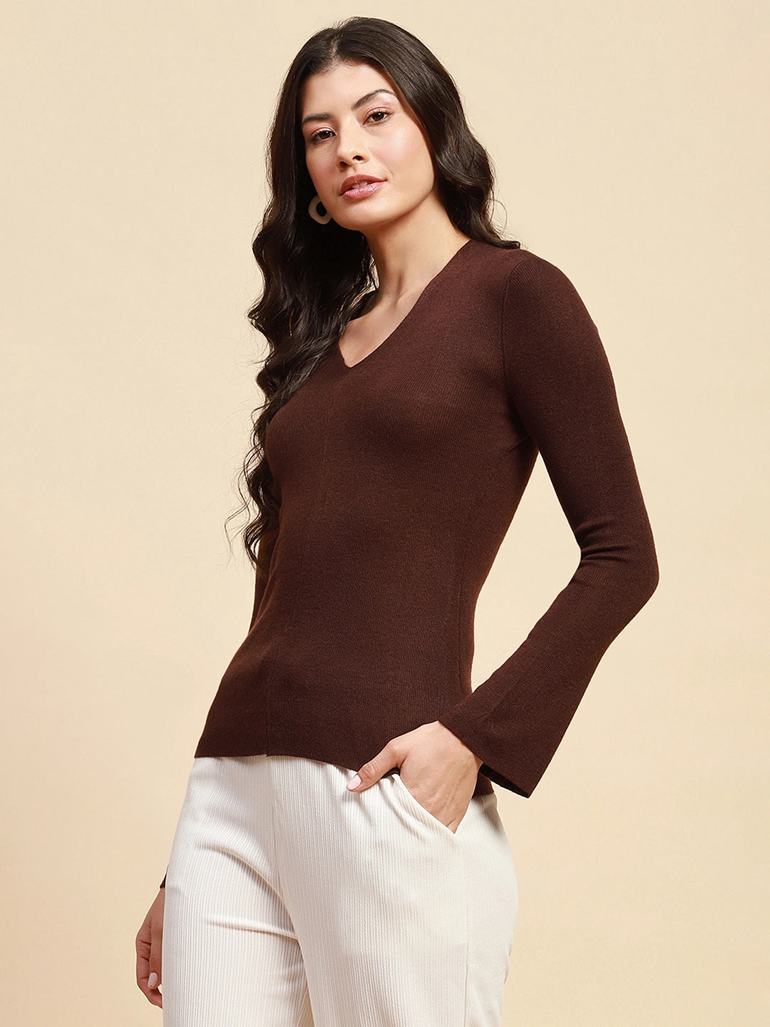 Dark Brown Poly Blend Slim Fit Top For Women