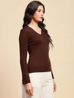 Dark Brown Poly Blend Slim Fit Top For Women