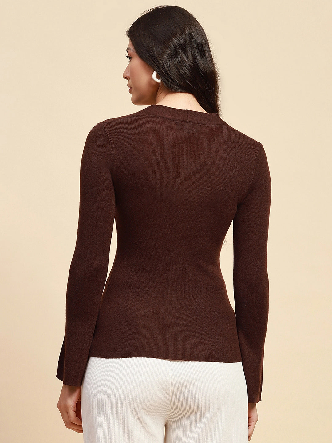 Dark Brown Poly Blend Slim Fit Top For Women