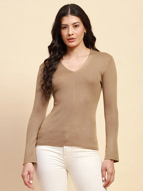 Light Khaki Poly Blend Slim Fit Top For Winter