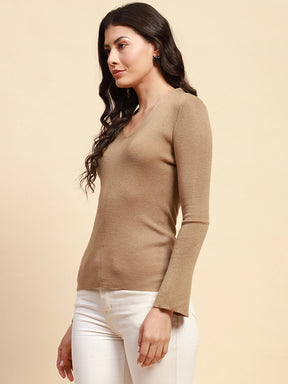 Light Khaki Poly Blend Slim Fit Top For Winter