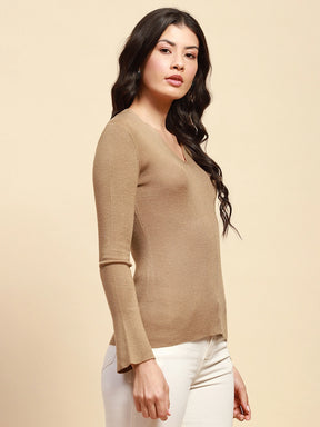 Light Khaki Poly Blend Slim Fit Top For Winter