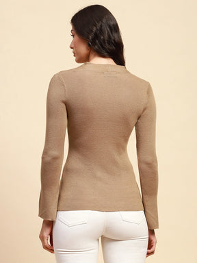 Light Khaki Poly Blend Slim Fit Top For Winter