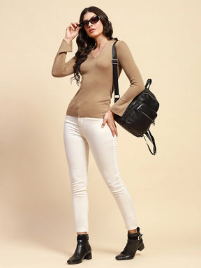 Light Khaki Poly Blend Slim Fit Top For Winter