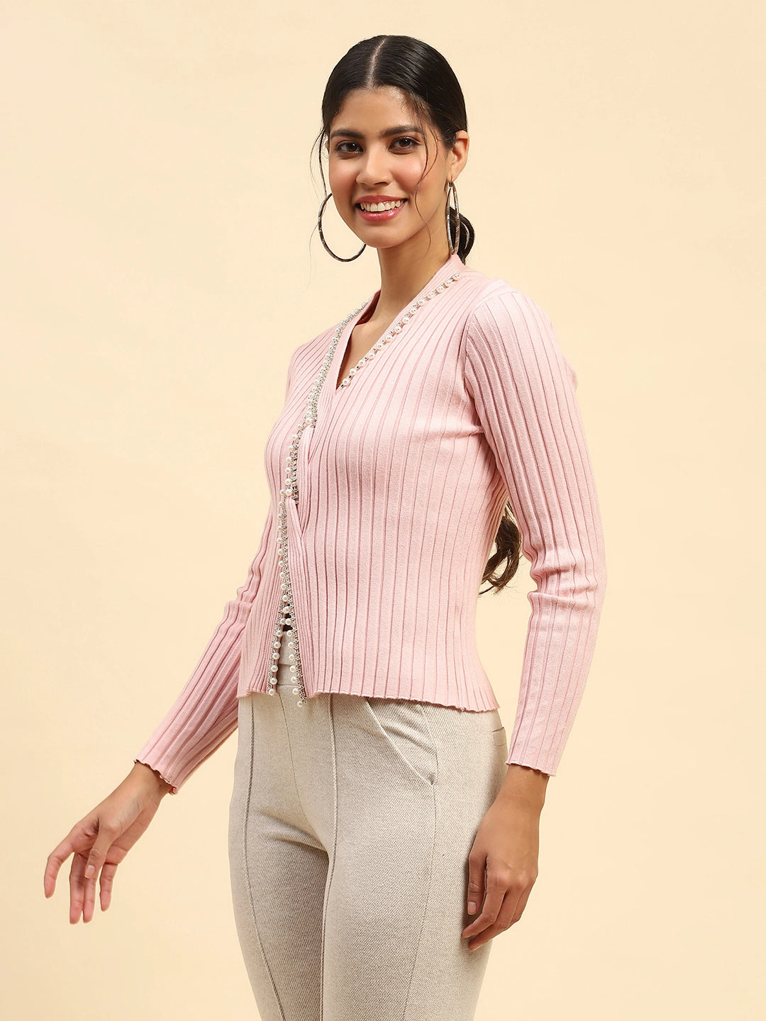 Pink embellished Poly Viscose Slim Fit Pullover