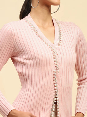 Pink embellished Poly Viscose Slim Fit Pullover