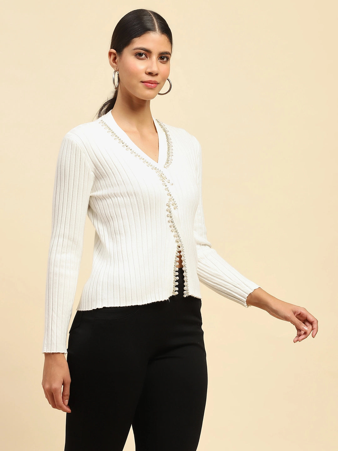 White embellished Poly Viscose Slim Fit Pullover