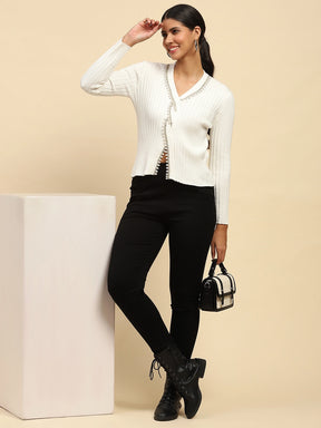 White embellished Poly Viscose Slim Fit Pullover