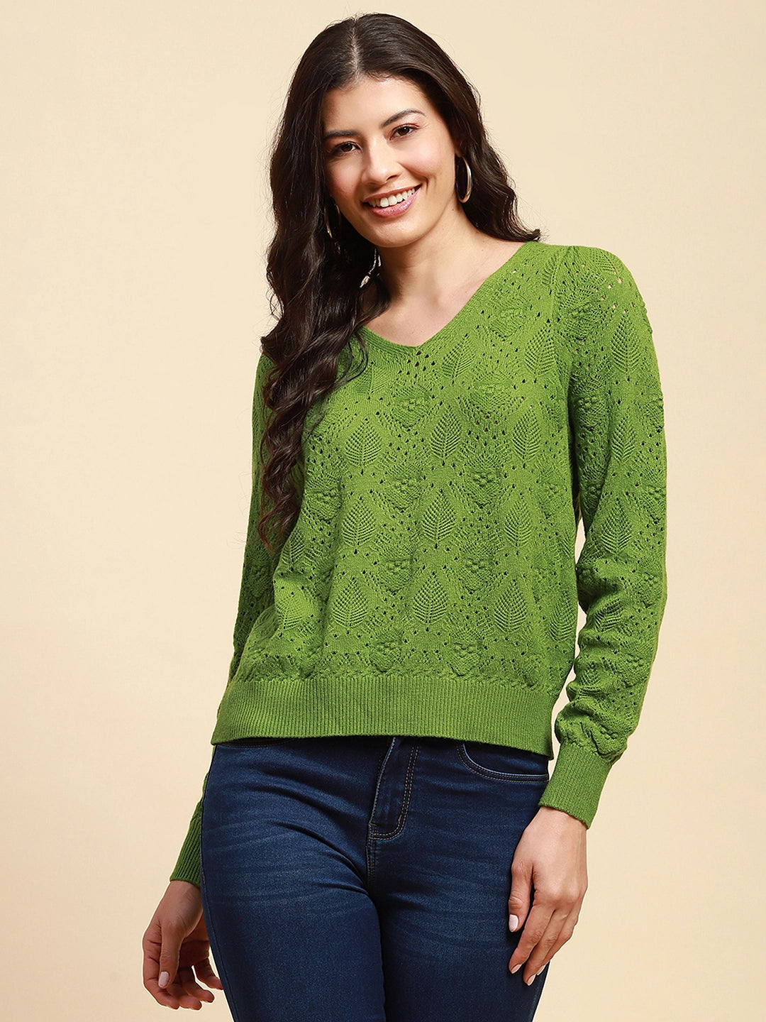 Green Viscose Blend Relaxed Fit Pullover For Women