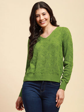 Green Viscose Blend Relaxed Fit Pullover For Women