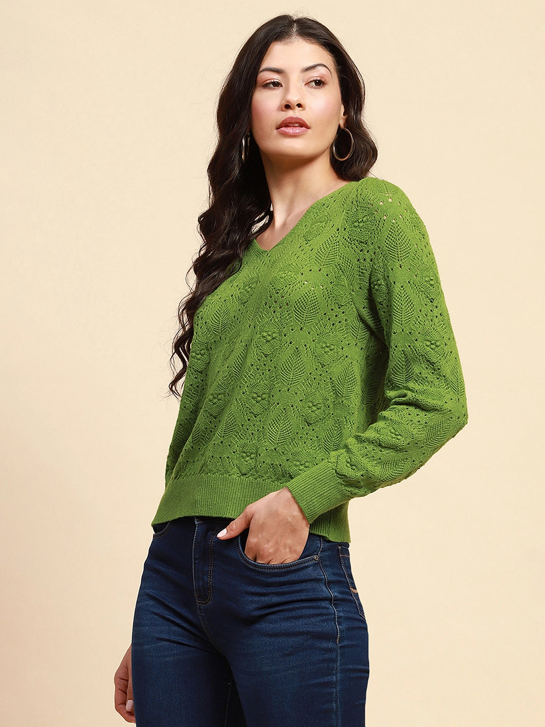 Green Viscose Blend Relaxed Fit Pullover For Women